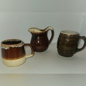 Set Of 3 Vintage Brown Drip Glaze Stoneware Mug Pitcher & Ceramic Barrel Mug MCM